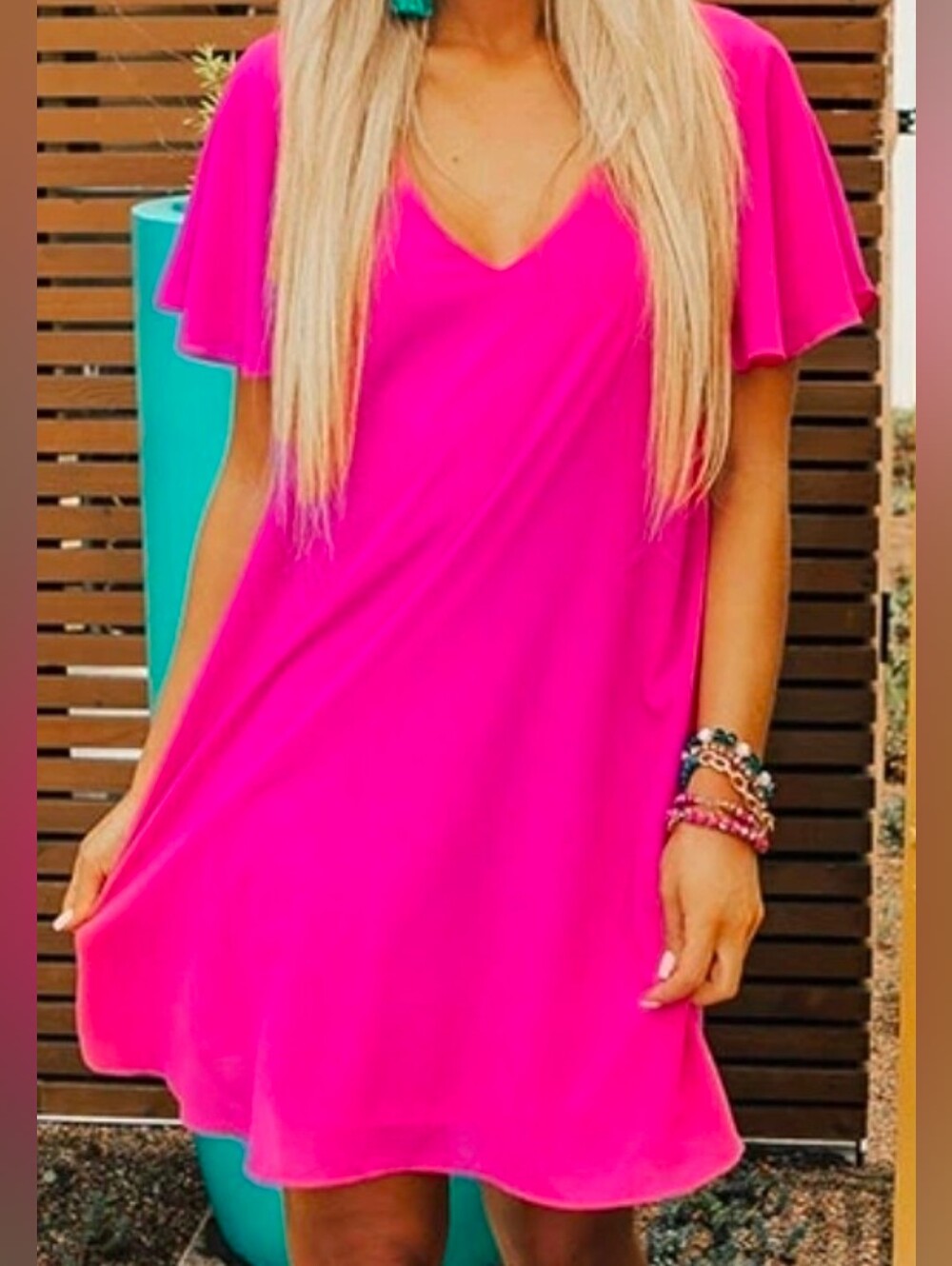 NWT: Caramela Neon Berry Flare V-Neck Flutter Sleeve Mini Dress - S